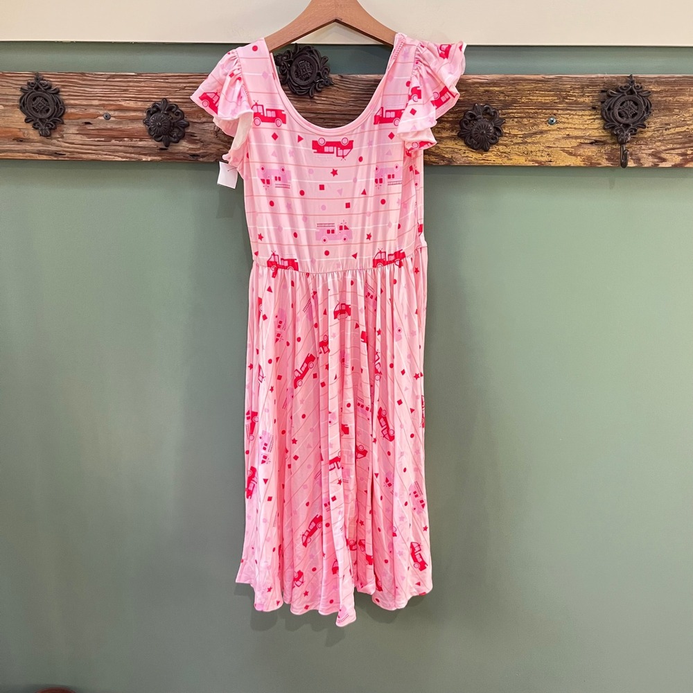 DotDotSmile Kids Pink Fire Truck Flutter Sleeve Twirl Dress Size 12/14 NWT